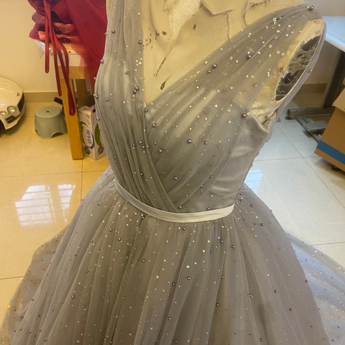 高品質！ブルーグレー カラードレス ソフトチュール キラキラチュール  