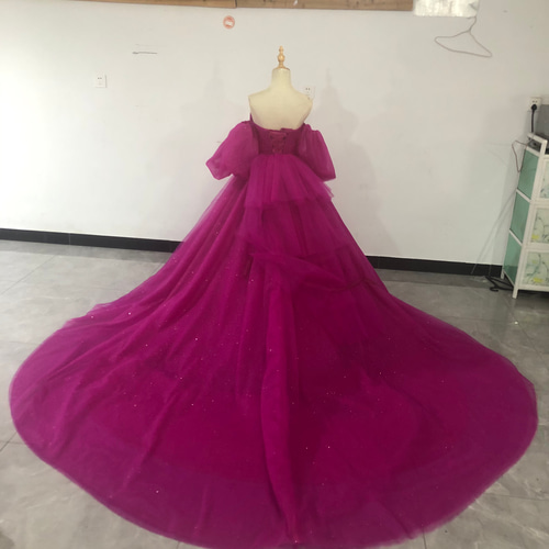 華やか 取り外し袖 エアリー感 ビビッドピンク ウェディングドレス  