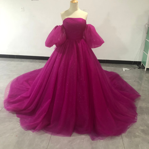 華やか 取り外し袖 エアリー感 ビビッドピンク ウェディングドレス  