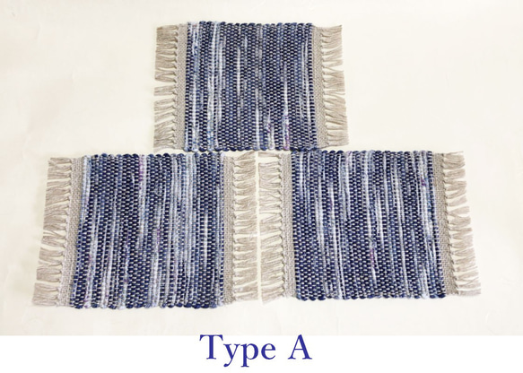 裂き織り　コースター☆彡麻糸フリンジタイプ（3種） 1枚目の画像
