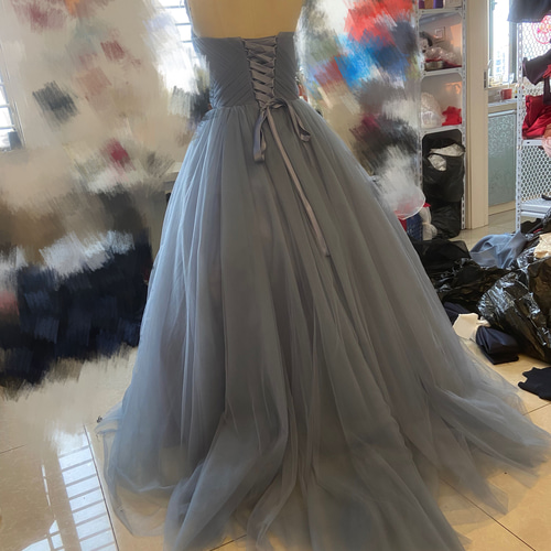 エレガント ブルーグレー カラードレス ソフトチュール サッシュベルト  