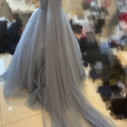 エレガント ブルーグレー カラードレス ソフトチュール サッシュベルト  