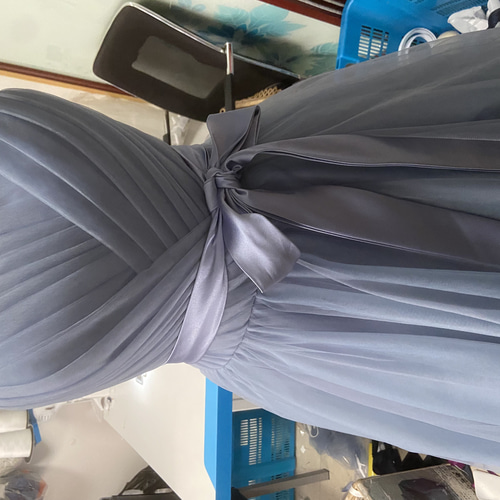 エレガント ブルーグレー カラードレス ソフトチュール サッシュベルト  