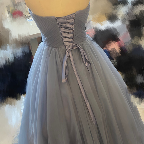 エレガント ブルーグレー カラードレス ソフトチュール サッシュベルト  