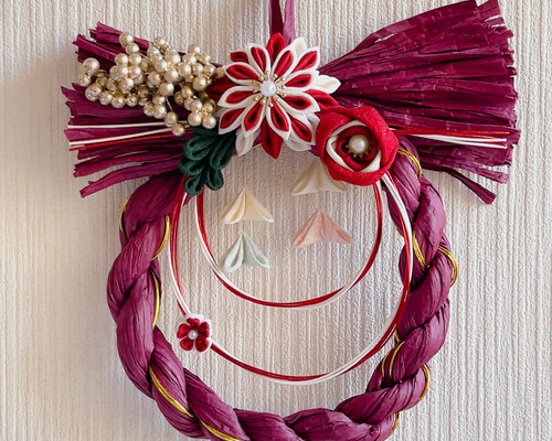 つまみ細工 紫のしめ縄飾り 正月用 つまみ細工 赤×白の万寿菊 超早割祭