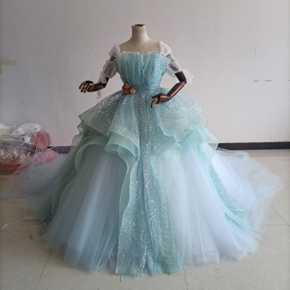 豪華！憧れのドレス ブルー カラードレス キラキラグリッターチュール  