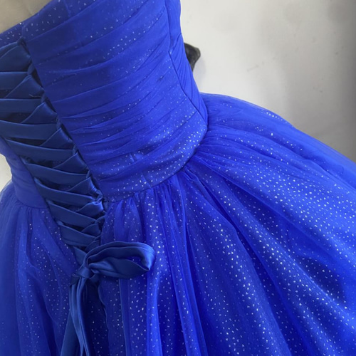 送料無料！青/ブルー カラードレス キラキラチュール ベアトップ 花嫁  