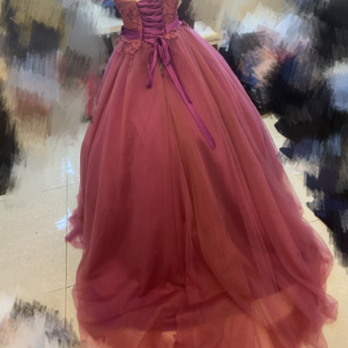 即納！ワインレッド カラードレス ソフトチュール ベアトップ 挙式/前  