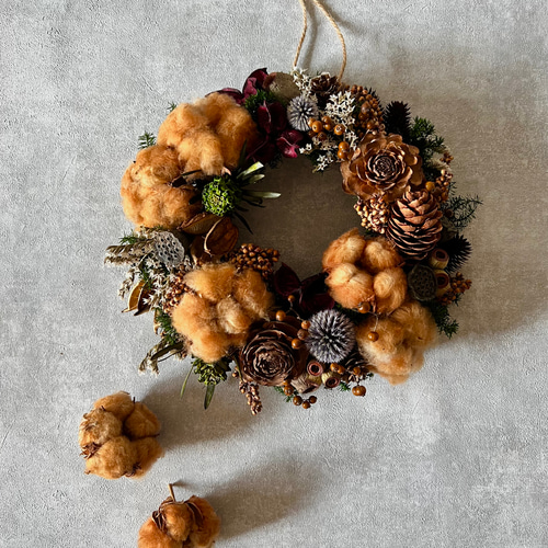 コットンフラワーと木の実のリース リース maro＊Rela 通販 16603825