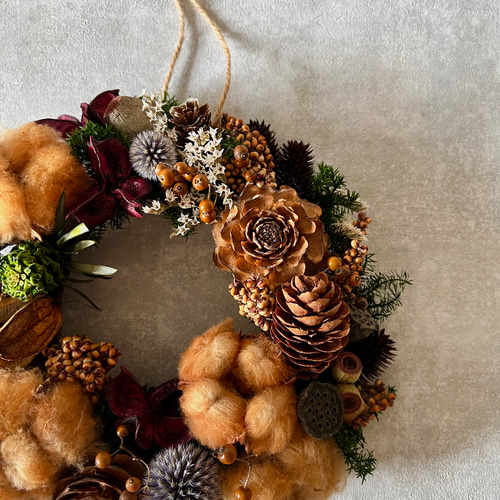 コットンフラワーと木の実のリース リース maro＊Rela 通販 16603825