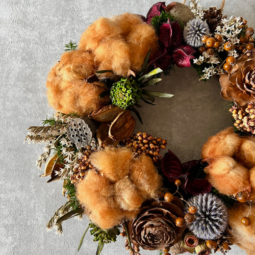コットンフラワーと木の実のリース リース maro＊Rela 通販 16603825