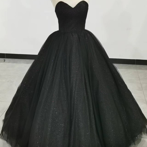 高品質！黒 ドレス ベアトップ キラキラグリッターチュール ロング  