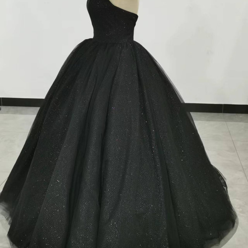 高品質！黒 ドレス ベアトップ キラキラグリッターチュール