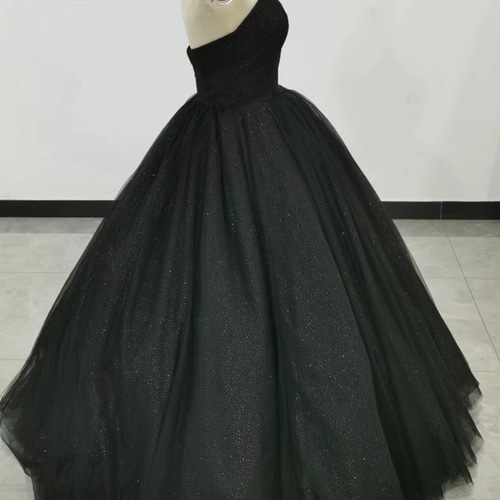 高品質！黒 ドレス ベアトップ キラキラグリッターチュール ロング  