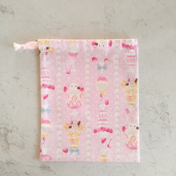 40×60 萌え断　パフェ柄 ランチョンマット 巾着袋 セット 給食 スイーツ 女の子 苺　うさぎ　ピンク 3枚目の画像