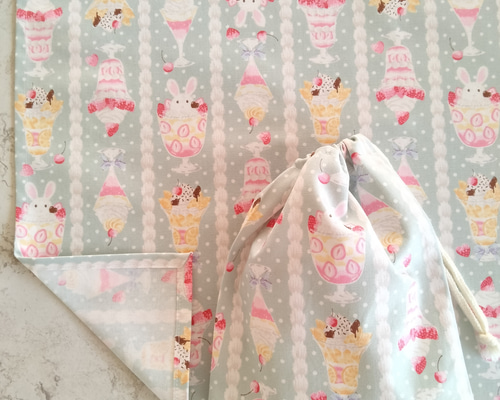 40×60 萌え断 パフェ柄 ランチョンマット 巾着袋 セット 給食 スイーツ