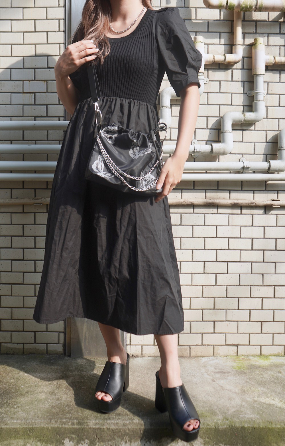 Switching Combi Puffsleeve Onepiece ロング丈ワンピース ブラック 黒 きれいめ