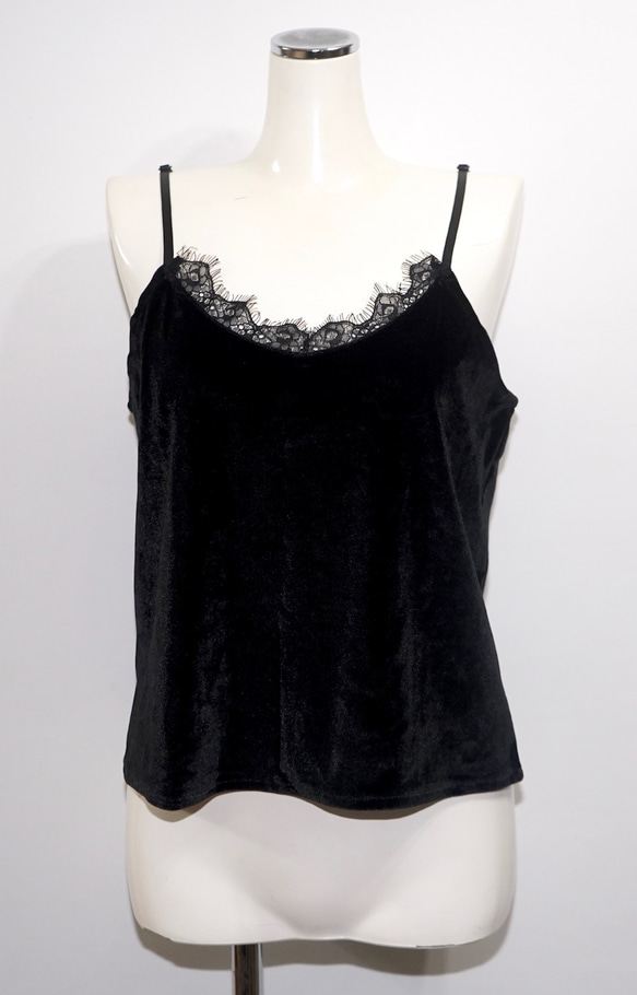 Lace Trim Velvet Camisole キャミソール ブラック 黒 カジュアル 3枚目の画像