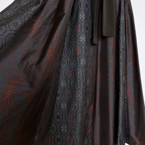 着物リメイク　ロングワンピース(大島) 上質大島MIX フレアーロングワンピース 着物リメイクリボン 演奏会