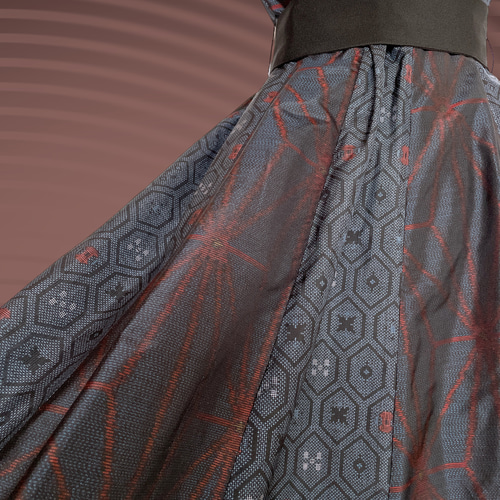 上質大島MIX フレアーロングワンピース 着物リメイクリボン 演奏会