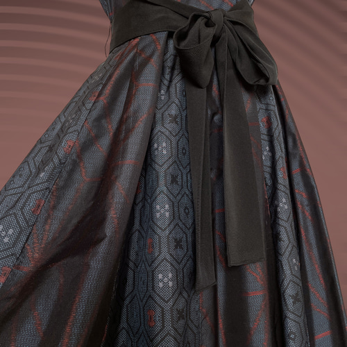 上質大島MIX フレアーロングワンピース 着物リメイクリボン 演奏会