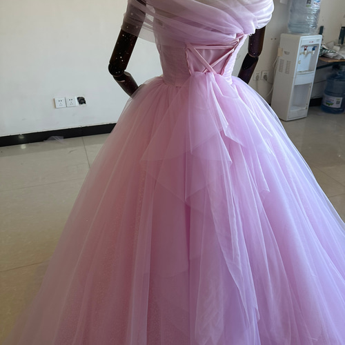 大人気上昇!ピンク紫 カラードレス 取り外し可能オフショル プリンセス  