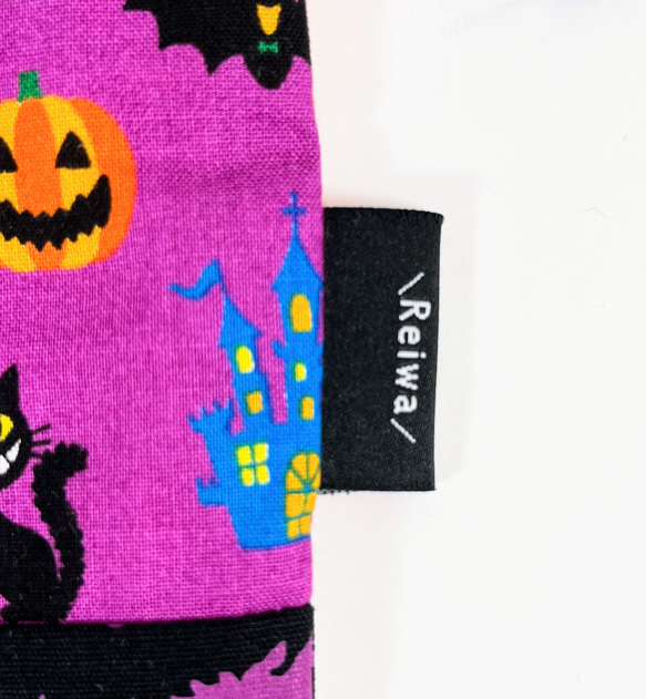 ハンドメイド＊ハロウィン紫色猫柄と黒色オバケ柄とオレンジ色かぼちゃの顔柄の巾着袋＊260905c 2枚目の画像