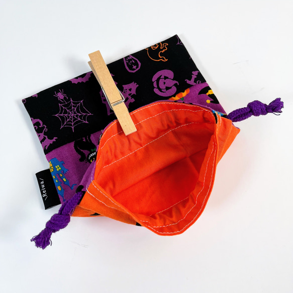 ハンドメイド＊ハロウィン紫色猫柄と黒色オバケ柄とオレンジ色かぼちゃの顔柄の巾着袋＊260905c 5枚目の画像