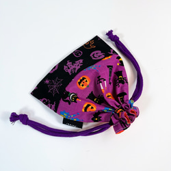 ハンドメイド＊ハロウィン紫色猫柄と黒色オバケ柄とオレンジ色かぼちゃの顔柄の巾着袋＊260905c 3枚目の画像