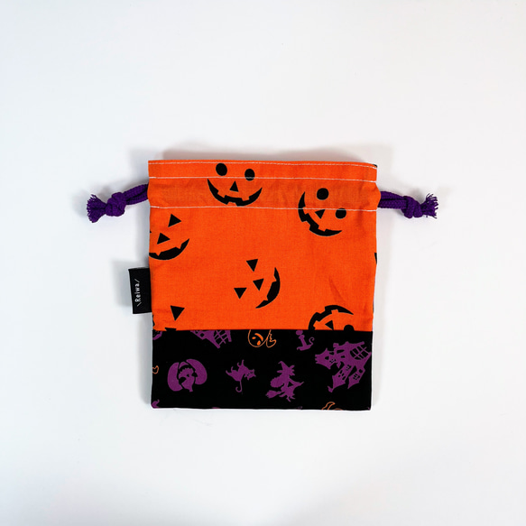 ハンドメイド＊ハロウィン紫色猫柄と黒色オバケ柄とオレンジ色かぼちゃの顔柄の巾着袋＊260905c 8枚目の画像