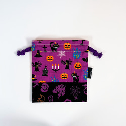ハンドメイド＊ハロウィン紫色猫柄と黒色オバケ柄とオレンジ色かぼちゃの顔柄の巾着袋＊260905c 7枚目の画像