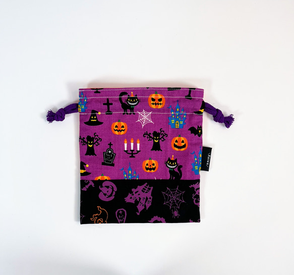 ハンドメイド＊ハロウィン紫色猫柄と黒色オバケ柄とオレンジ色かぼちゃの顔柄の巾着袋＊260905c 7枚目の画像