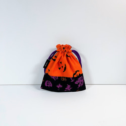 ハンドメイド＊ハロウィン紫色猫柄と黒色オバケ柄とオレンジ色かぼちゃの顔柄の巾着袋＊260905c 6枚目の画像