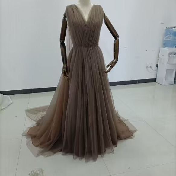 ブラウン Vネック チュールロングドレス vネック チュールロングドレス ブラウン