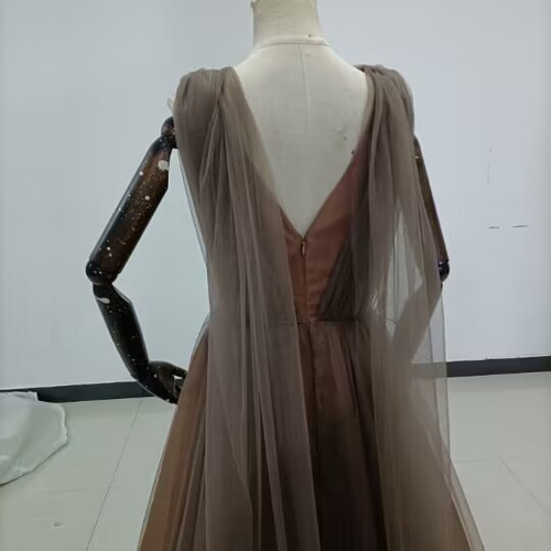 vネック チュールロングドレス ブラウン