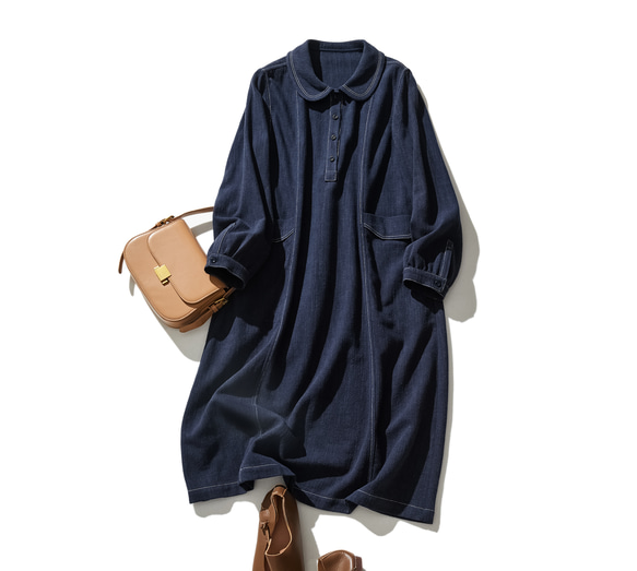 圓領棉麻連身裙，休閒圓潤，長袖，藏青色 230925-1 第1張的照片