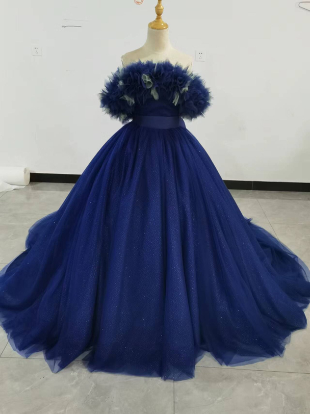 送料無料！華やか ネイビー 取り外しオフショルダー  チュールスカート ノースリーブ 二次会/拳式