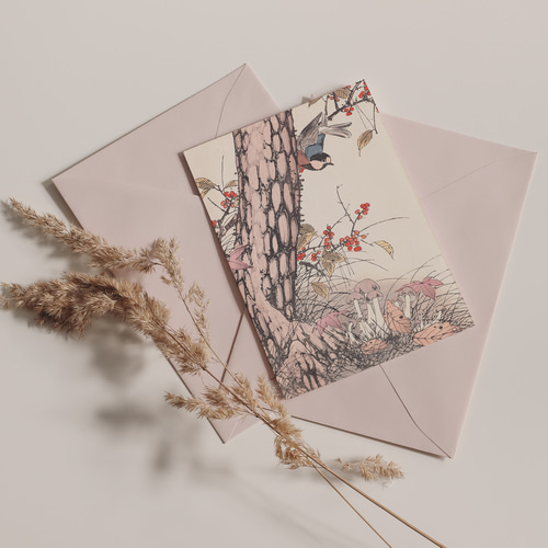 秋に キノコと野鳥の日本画アートポスター☆紅葉和柄浮世絵和モダン