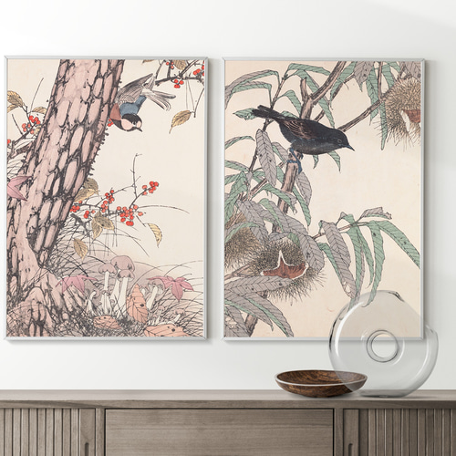 日本画　和　置物　絵　アンティーク　レトロ 秋に キノコと野鳥の日本画アートポスター☆紅葉和柄浮世絵和モダン