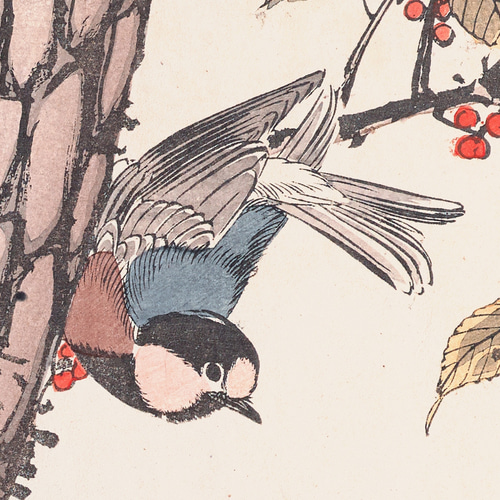 秋に キノコと野鳥の日本画アートポスター☆紅葉和柄浮世絵和モダン