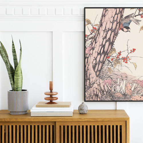 秋に キノコと野鳥の日本画アートポスター☆紅葉和柄浮世絵和モダン