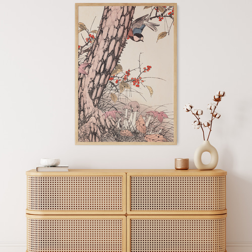 秋に キノコと野鳥の日本画アートポスター☆紅葉和柄浮世絵和モダン