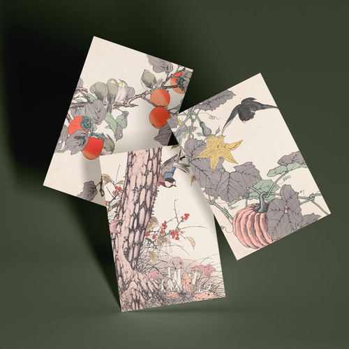 秋に キノコと野鳥の日本画アートポスター☆紅葉和柄浮世絵和モダン