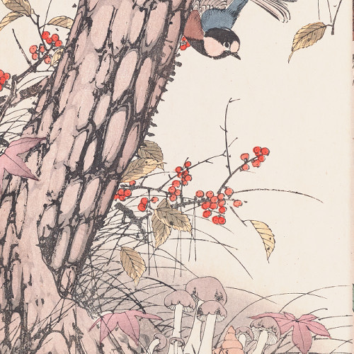 秋に キノコと野鳥の日本画アートポスター☆紅葉和柄浮世絵和モダン