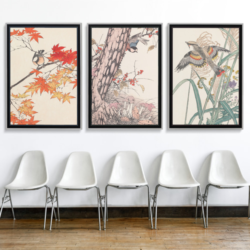 秋に キノコと野鳥の日本画アートポスター☆紅葉和柄浮世絵和モダン