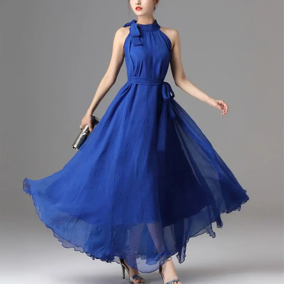 海外からの素敵　海外製　パーティドレス　フレア（ダンス、フラメンコ用ドレス可）ブルー　Ｌサイズ 1枚目の画像