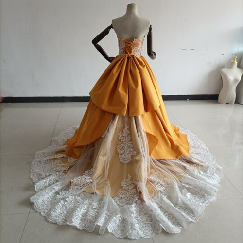 高品質！イエロー カラードレス レース刺繍 取り外し可能ポンチョ 結婚  