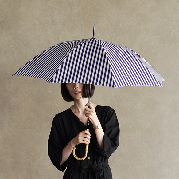 竹の傘 日傘 雨傘 ストライプ ネイビー 1枚目の画像