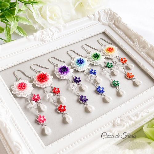 全6色】グラデーションの花のピアス/イヤリング つまみ細工 正絹羽二重