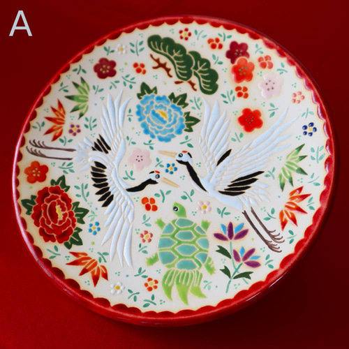 松鶴　大皿　レトロ　縁起物 祝い皿 鶴松 -鶴と松のレリーフが施された、縁起の良い飾り皿